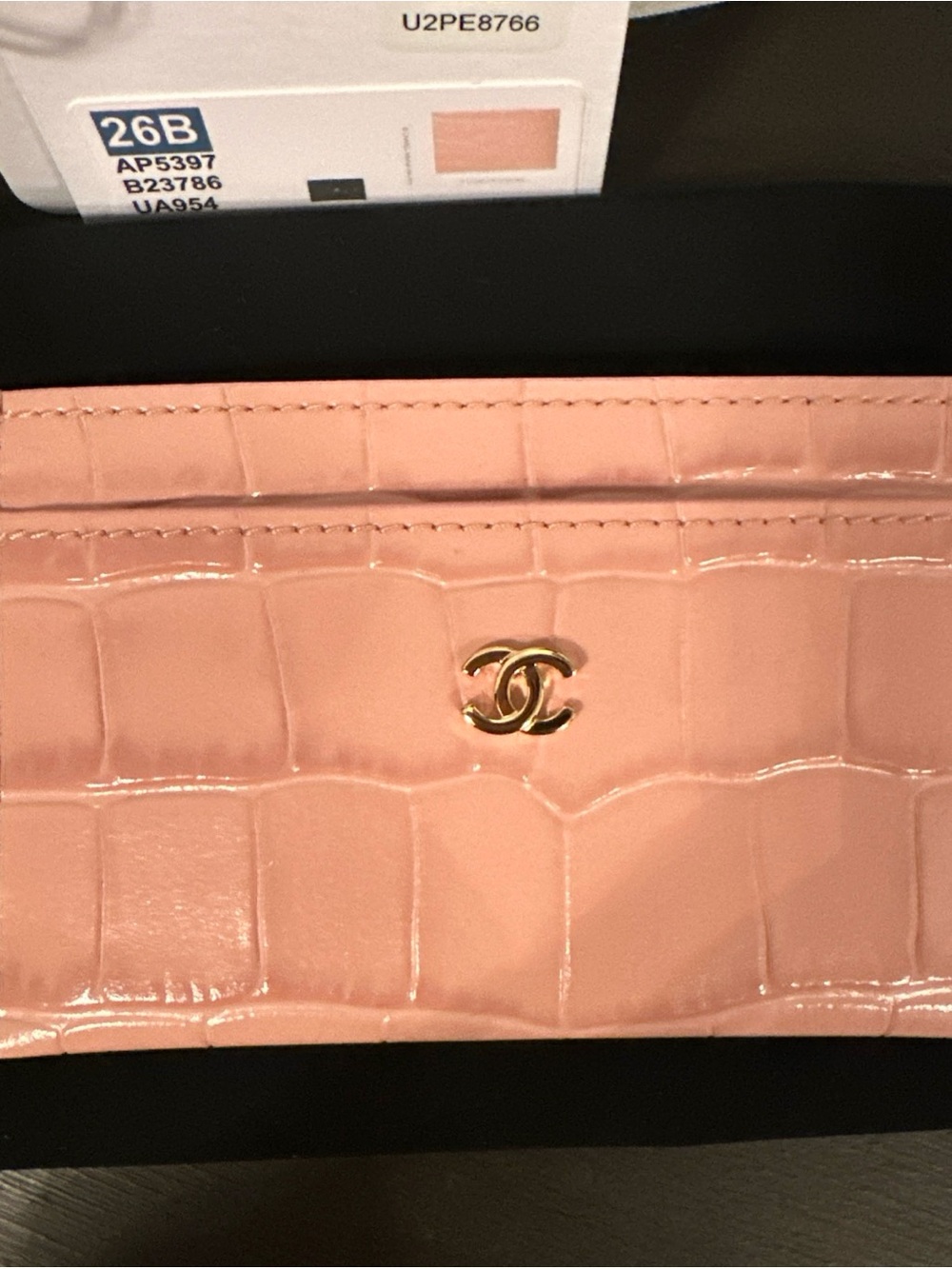 CHANEL Pink Croc-Embossed Cardholder Wallet with Gold CC Emblem
